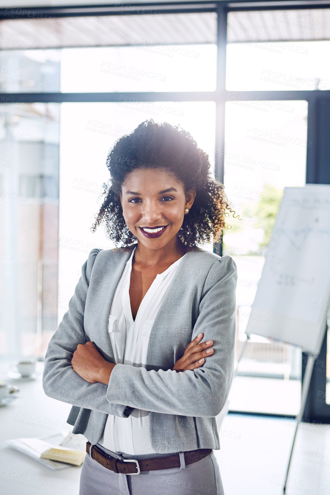 Buy stock photo Business woman, portrait and arms crossed with law intern in office with confidence and legal student work. Happy, smile and African labour attorney at company with scholarship opportunity and job