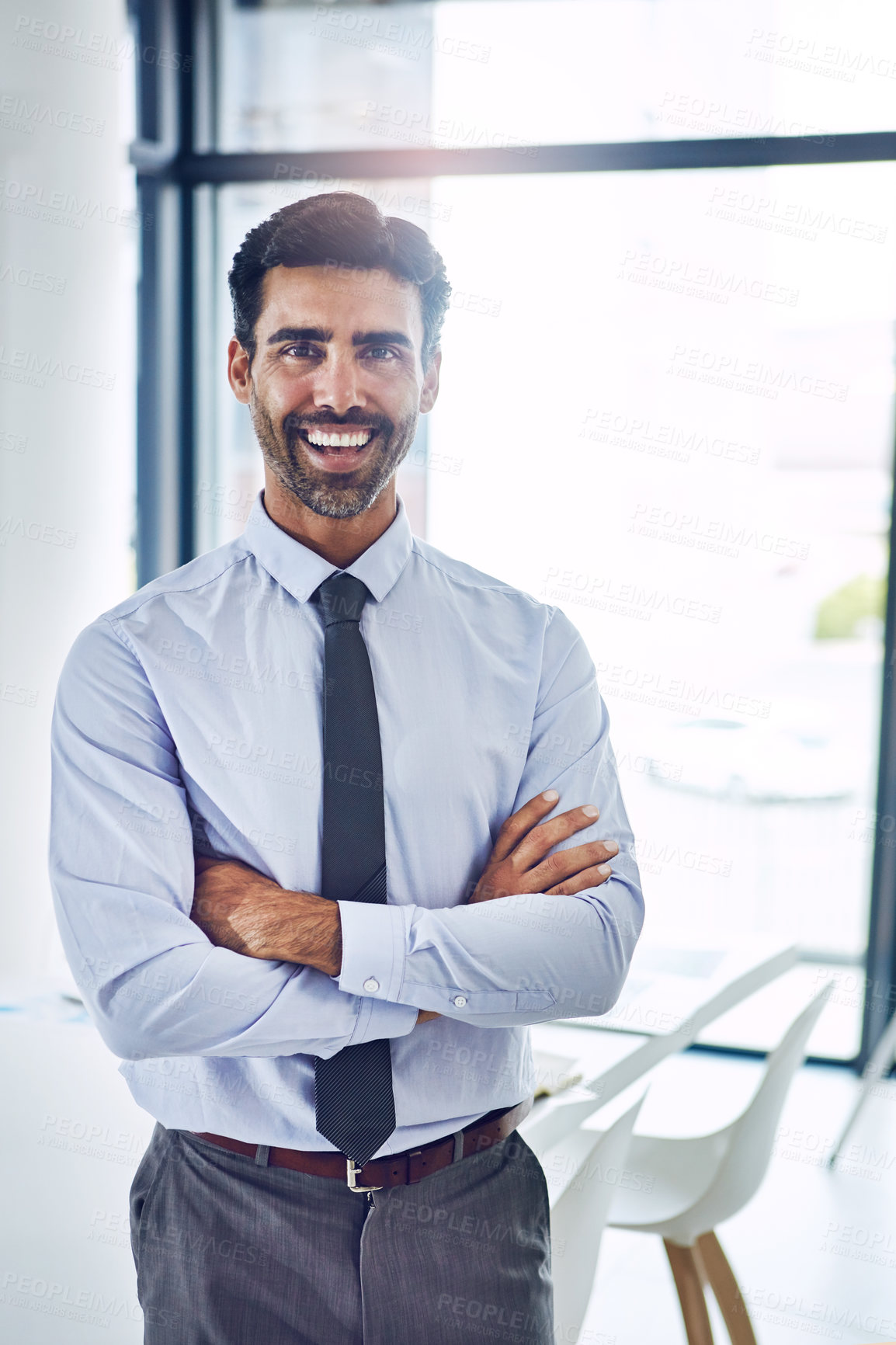 Buy stock photo Lawyer, crossed arms and portrait of business man in office with company pride, confidence and ambition. Corporate, professional and happy person in law agency for legal consulting, job and career