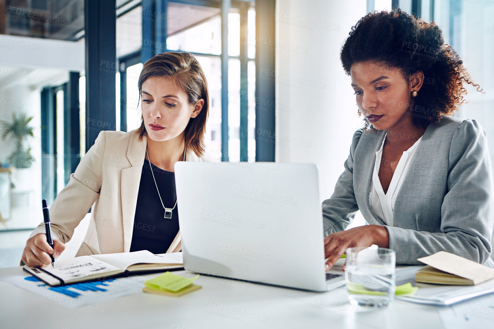 Buy stock photo Laptop, paperwork and women in office together for research, teamwork and partnership. Strategy, planning and business people brainstorming in workshop for data analysis with financial consultant