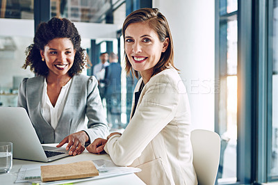 Buy stock photo Laptop, portrait and women in office together for support, teamwork and meeting with financial advisor. Strategy, confidence and business people planning for proposal, online research and partnership