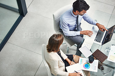 Buy stock photo Business meeting, corporate or business people with laptop for invest strategy, finance growth or financial review. Teamwork in office building planning, data analysis or economy data research search