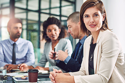 Buy stock photo Business people, woman and leader portrait while in a office meeting with her team for growth. Face of corporate female entrepreneur for diversity and vision for innovation in a happy workplace