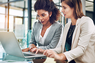 Buy stock photo Diversity, data analysis or business women with laptop for business meeting, invest strategy or planning company finance. Collaboration, thinking or teamwork on tax data analysis or financial network