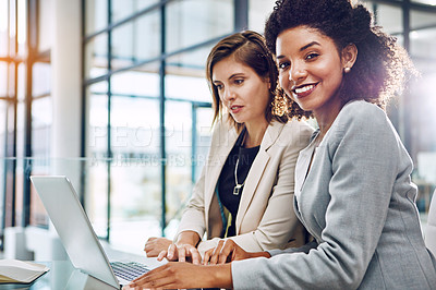 Buy stock photo Business, businesswomen with laptop and at desk in modern office at work. Communication or conversation, portrait of friends or women colleagues and coworkers discussing or speaking in workplace