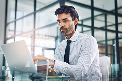 Buy stock photo Thinking, accountant or business man on laptop for investment research, finance planning or data analysis. Focus, corporate or businessman with tech for global network, economy search or analytics