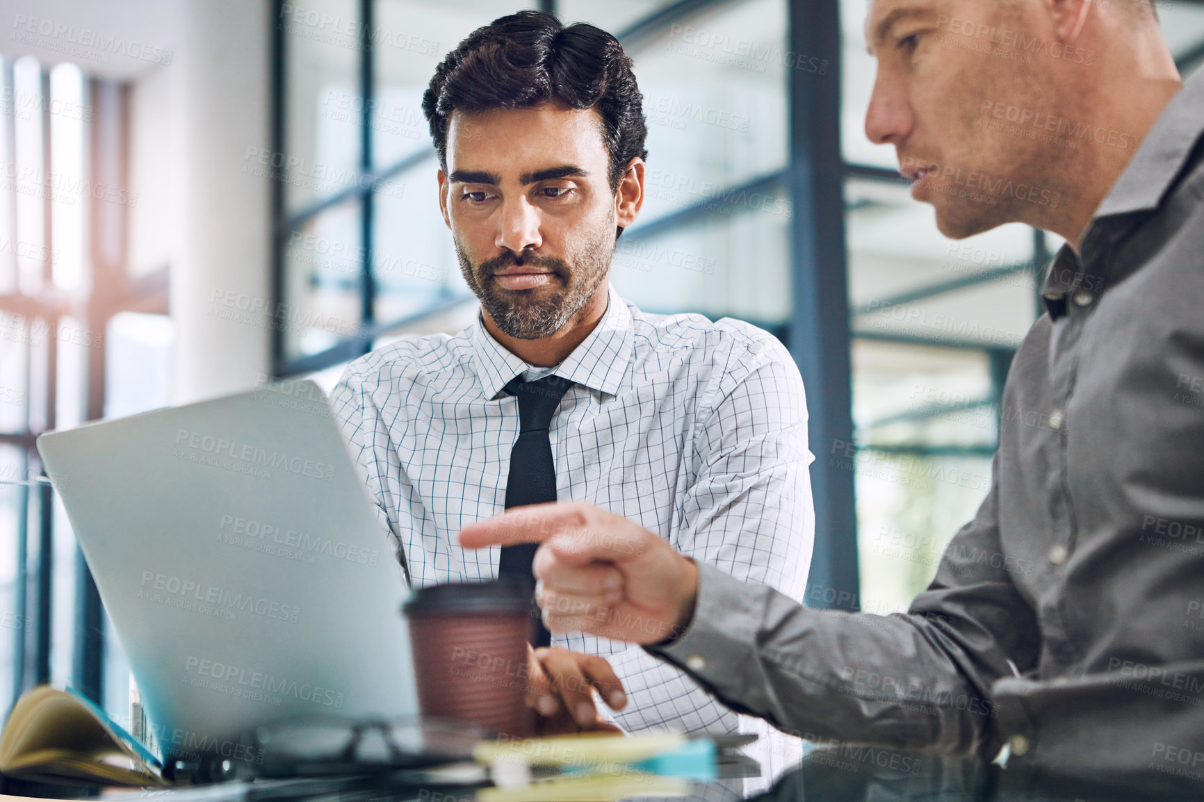 Buy stock photo Business people, man and mentor with laptop in office for human resources introduction and startup briefing. Collaboration, employees and meeting with discussion for corporate training and feedback