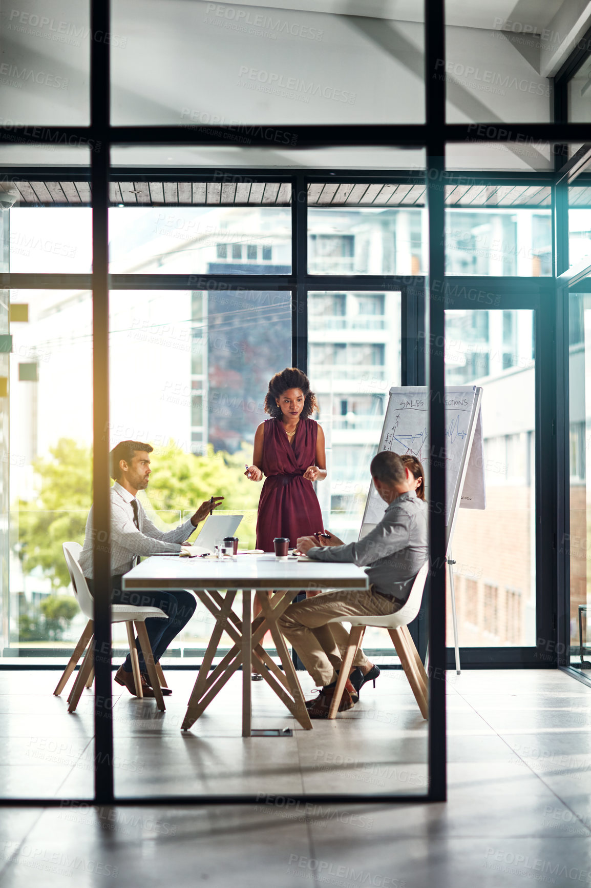 Buy stock photo Proposal, presentation and business people in meeting with woman for planning, strategy and ideas. Advice, office and team in conference room together for discussion on growth, development or support