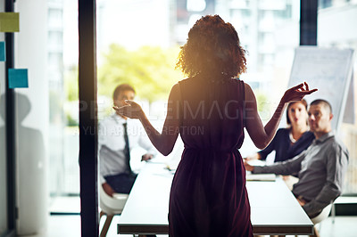 Buy stock photo Presentation, leadership or business people in marketing business meeting, advertising or planning company schedule. Collaboration, back view or teamwork on data analysis, communication or networking