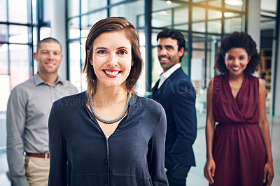 Buy stock photo Business woman, happy and leader portrait while in a office with management team for growth. Face of corporate female entrepreneur for diversity, motivation and vision for innovation in a workplace