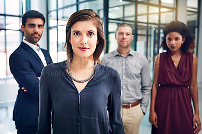 Buy stock photo Portrait, leader and woman with group of business people in office with confidence, pride and diversity. Teamwork, professional consultant and project manager with support, opportunity and about us 