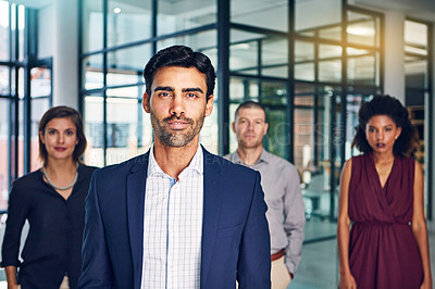 Buy stock photo Business people, CEO and group portrait with diversity, businessman leader, vision and career mindset. Management, professional team and collaboration, international and working together in workplace