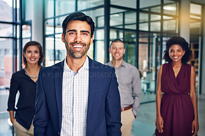 Buy stock photo Business people, CEO and team portrait with diversity, businessman leader, smile and happy in career. Management, professional group and collaboration, international and happiness working together