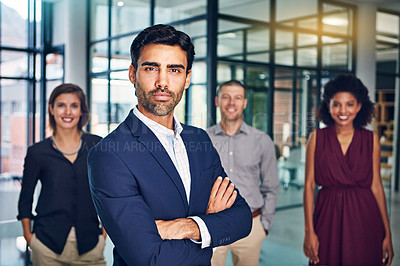 Buy stock photo Diversity, leadership and business people smile portrait for success, teamwork support and company vision in office. Interracial employees, corporate team and management or leadership motivation