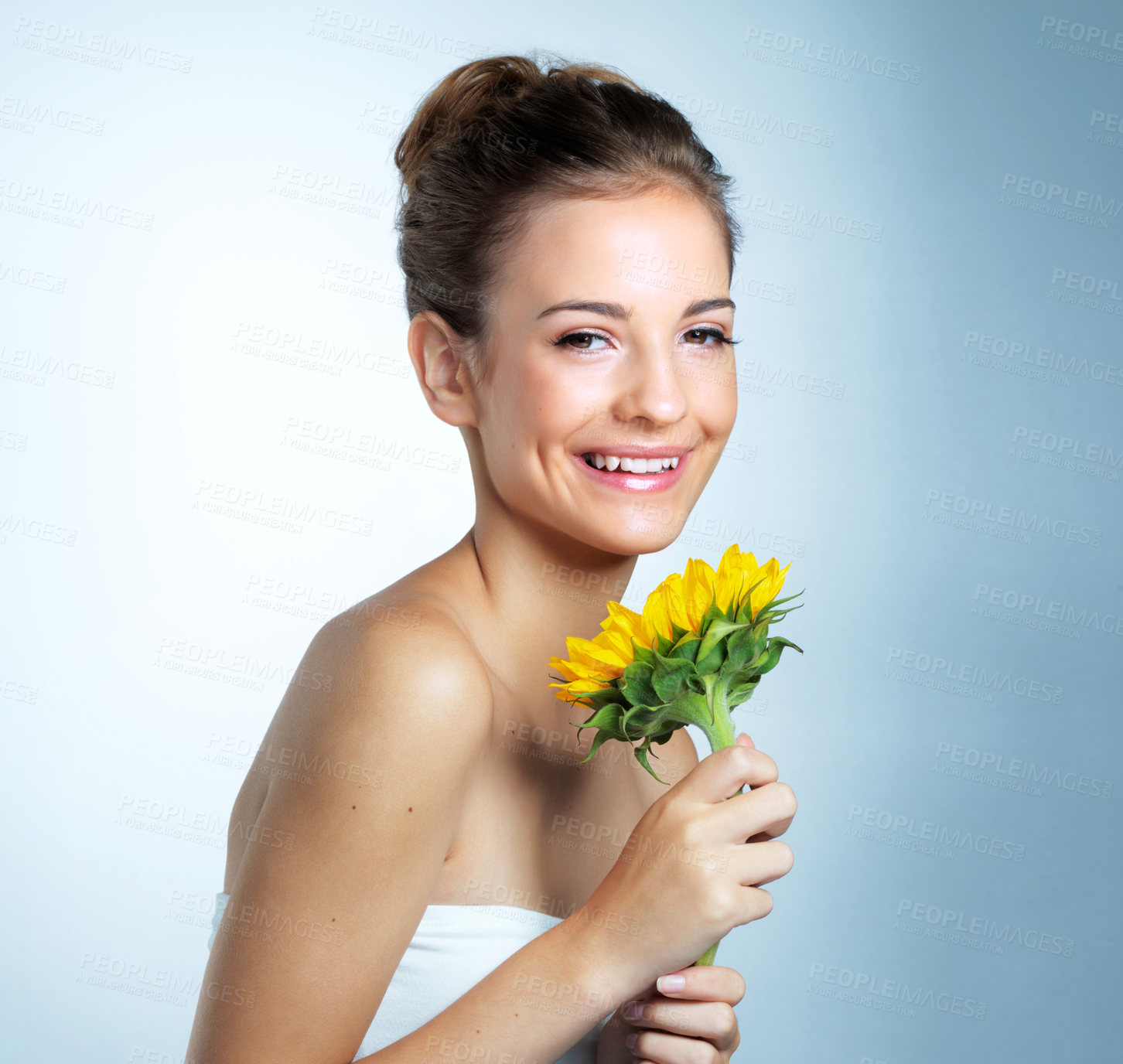 Buy stock photo Sunflower, beauty and portrait of woman in studio with natural, organic and cosmetic facial makeover. Glow, makeup and person with yellow floral plant for cosmetology face routine by blue background.