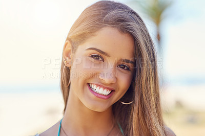 Buy stock photo Summer, holiday and portrait of happy woman with travel, trip or relax at beach for outdoor adventure. Smile, face and closeup of confident girl on tropical island vacation in nature with blue sky