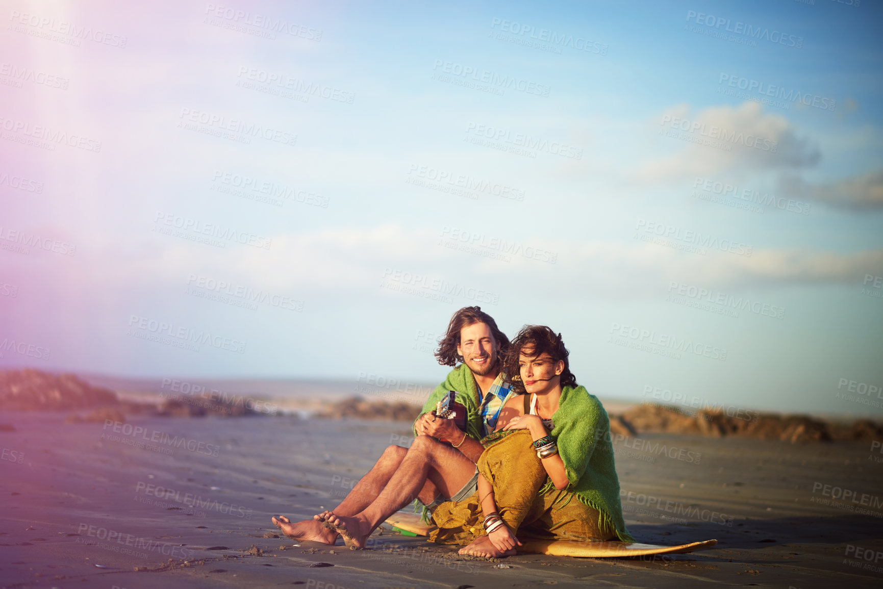 Buy stock photo Surfboard, happy couple and play guitar at beach, holiday portrait and space with love song. Relax, man and woman with string instrument for romantic music, wind and vacation break with surfer