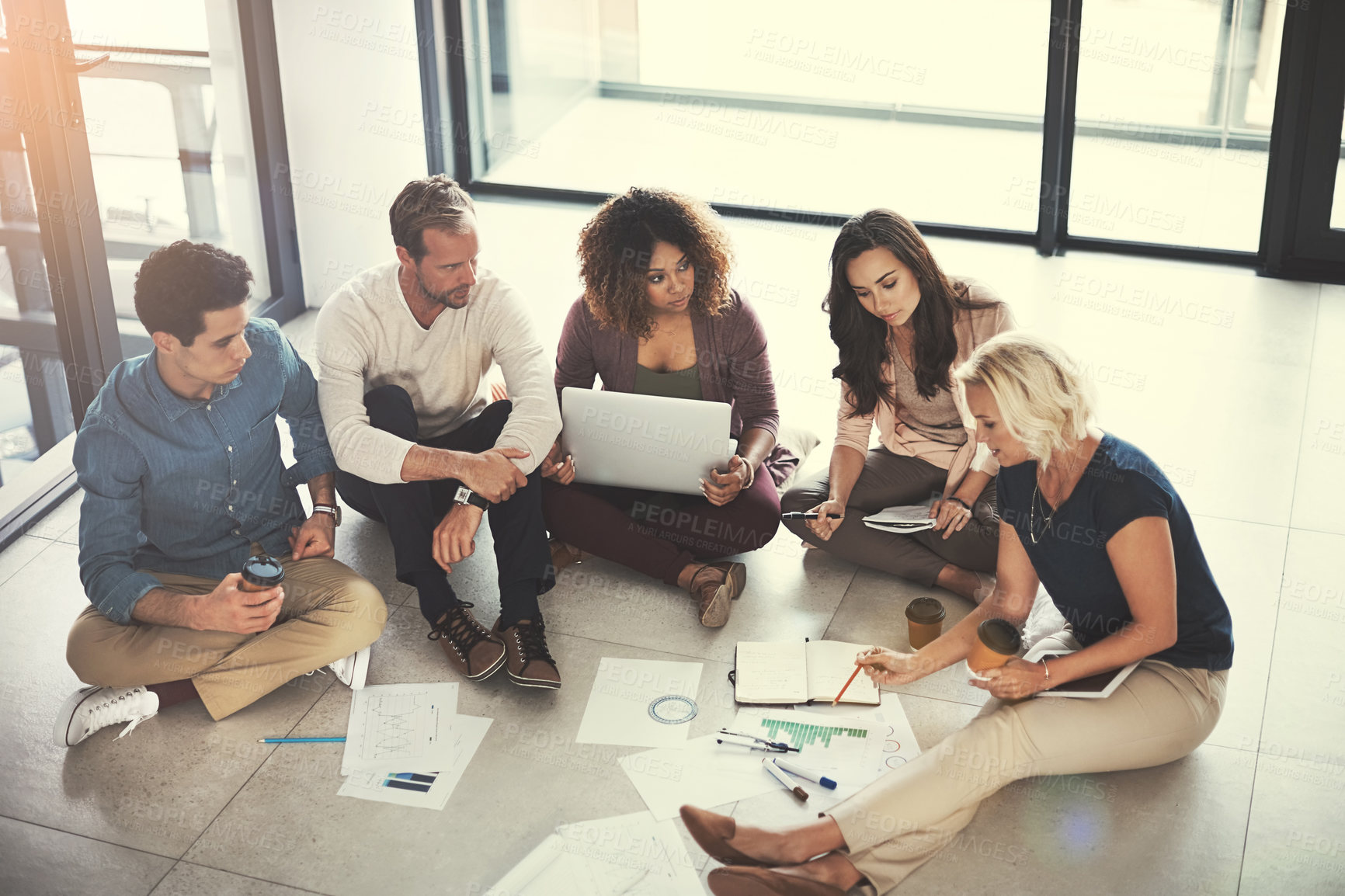 Buy stock photo Team, business people and discussion on floor with graphs for brand analysis, marketing or idea. Creative, meeting and group with paperwork for chart, campaign kpi and problem solving above in office