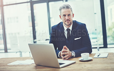 Buy stock photo Portrait of a mature businessman working at his desk in a modern office