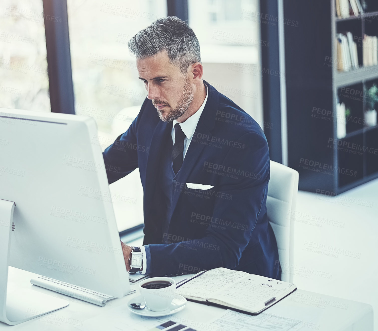 Buy stock photo Man, reading and project with computer, office or preparation for tax return with financial analysis. Accountant, serious and mature person with tech for filing on web, thinking and online report