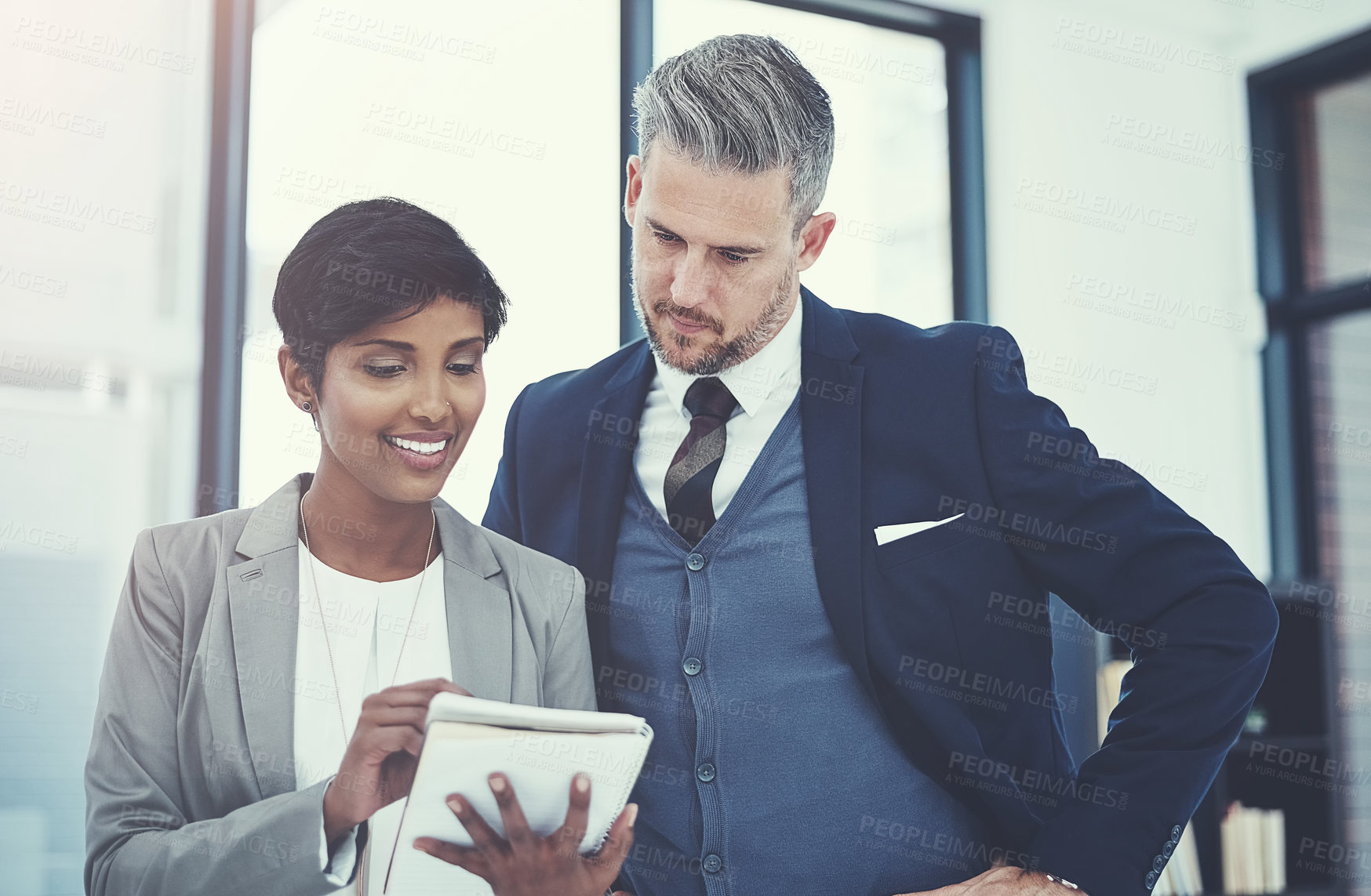 Buy stock photo Businessman, woman and discussion with book at office, smile and review at investment agency. People, team and happy broker with notes for asset management, planning and report at financial company