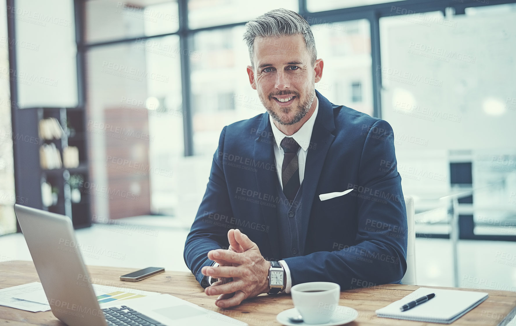 Buy stock photo Portrait, smile and business man in office for stock market, about us and pride for corporate career. CEO, mature person and executive in enterprise for trading, investment and confident boss in USA