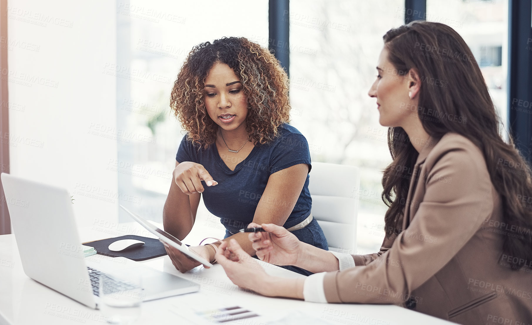 Buy stock photo Team, meeting and women with tablet, online and risk assessment with research or financial analysis. Investment bankers, talking and people with tech for company review and collaboration for project