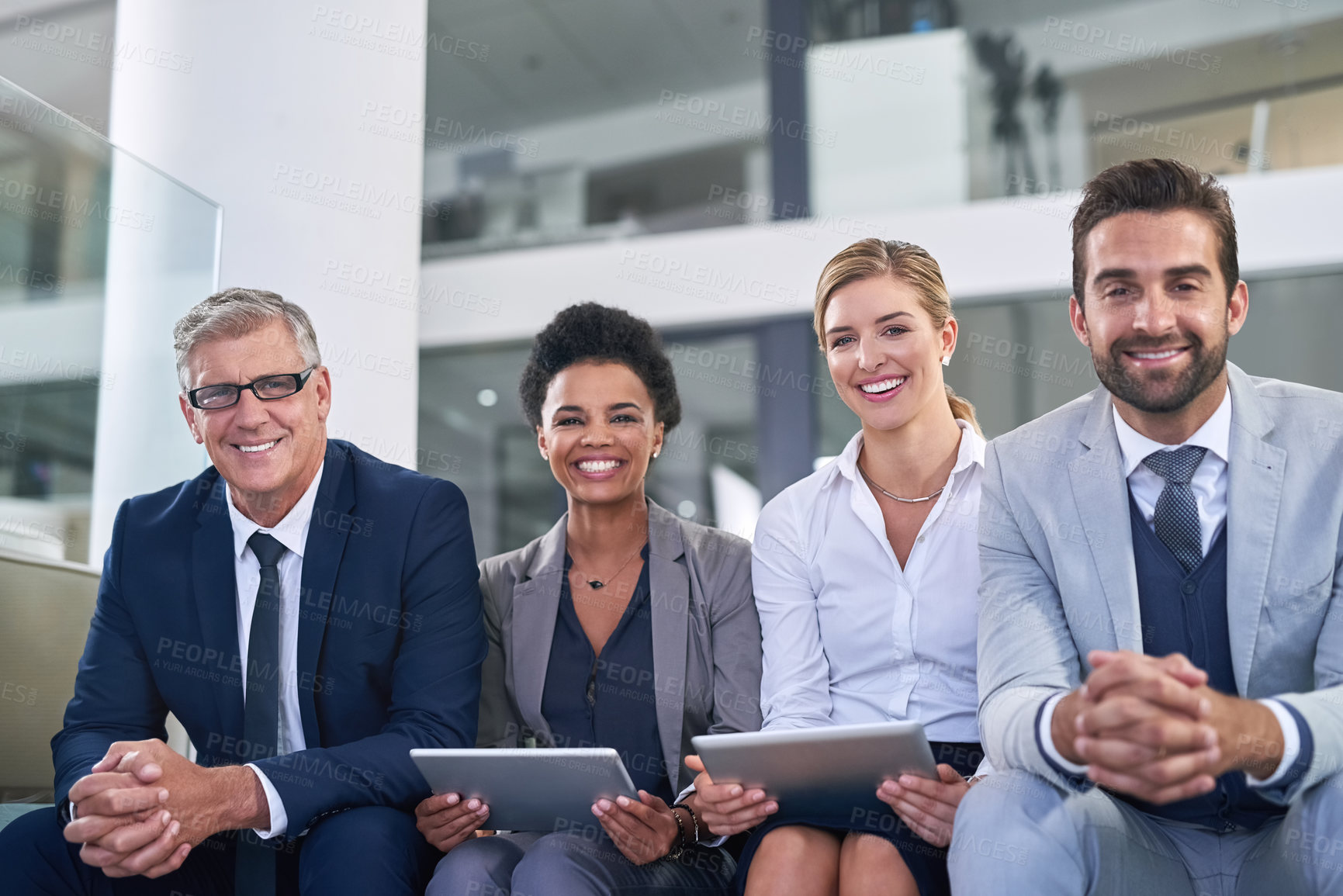 Buy stock photo Portrait, team and happy business people with tablet for research, info and project in meeting. Face, diversity and group in office with sales manager, employees and workers together for solidarity