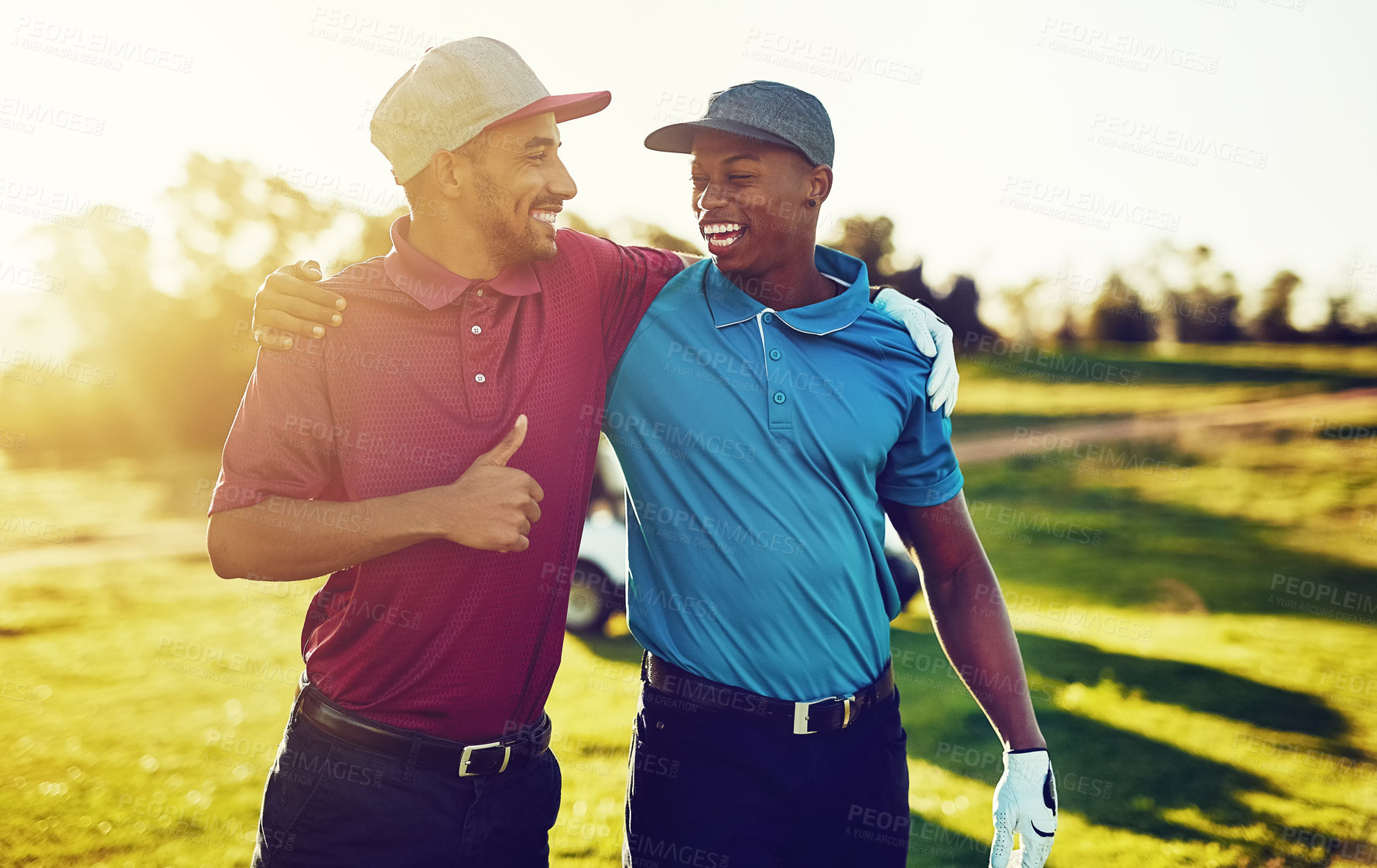 Buy stock photo Shot of two friends standing together on a golf course