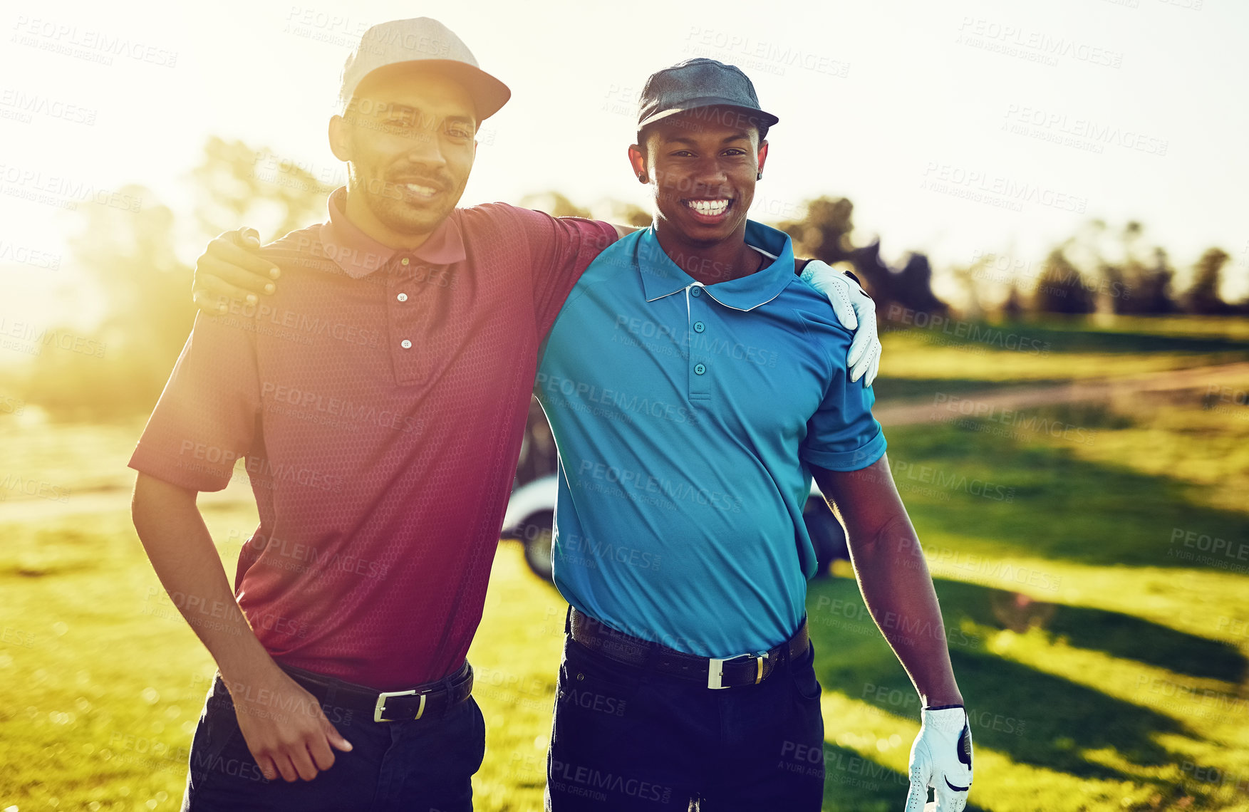 Buy stock photo Happy men, portrait or golf course with hug for outdoor sport, match or friendly game. Male people, players or golfers with smile, embrace or flare for fitness training or practice together in nature