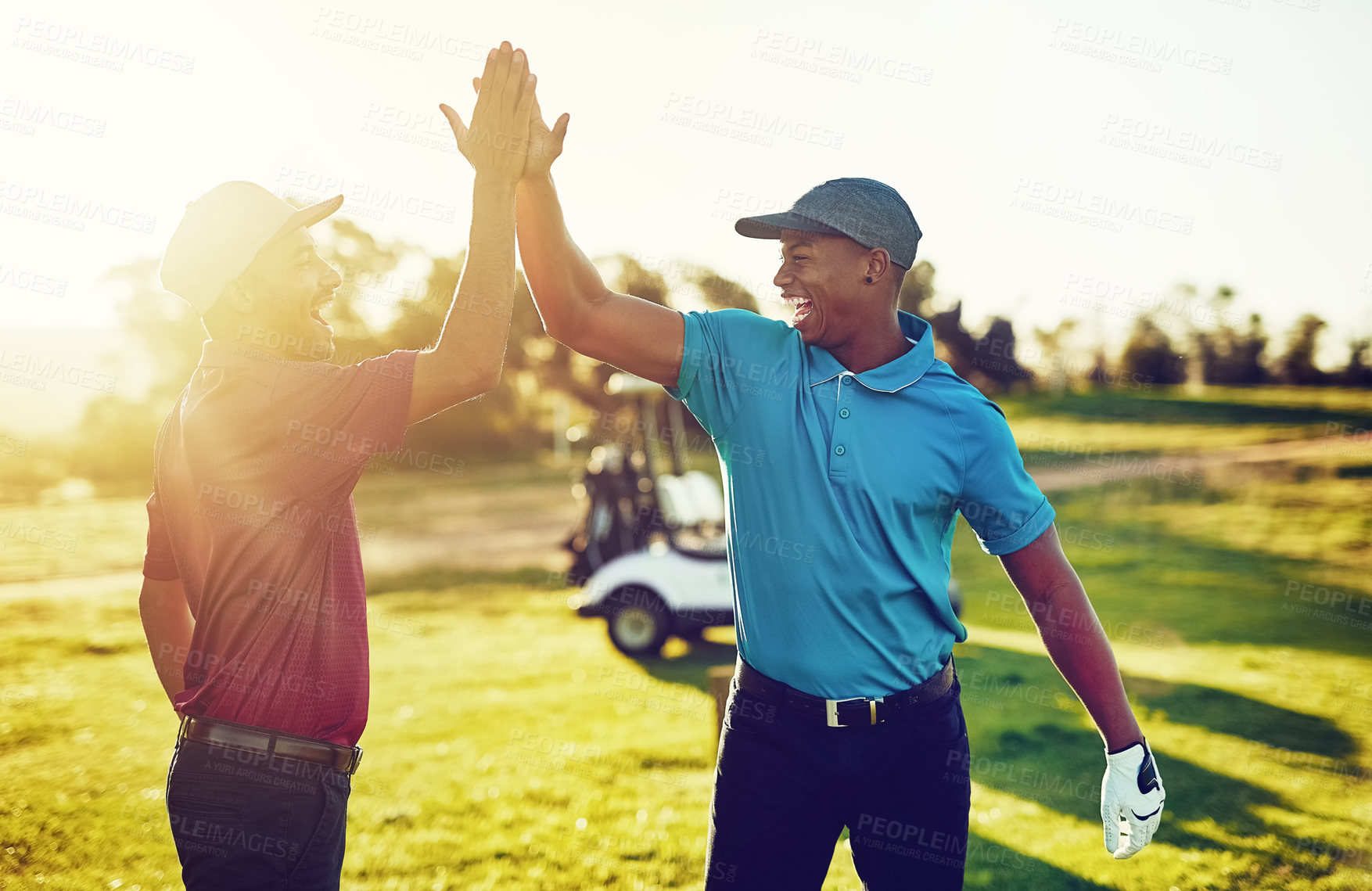 Buy stock photo Golf, team and high five with friends on course for partnership, target success and competition. Sports, motivation and contest with men or golfers outdoor for sunshine, goal and game training