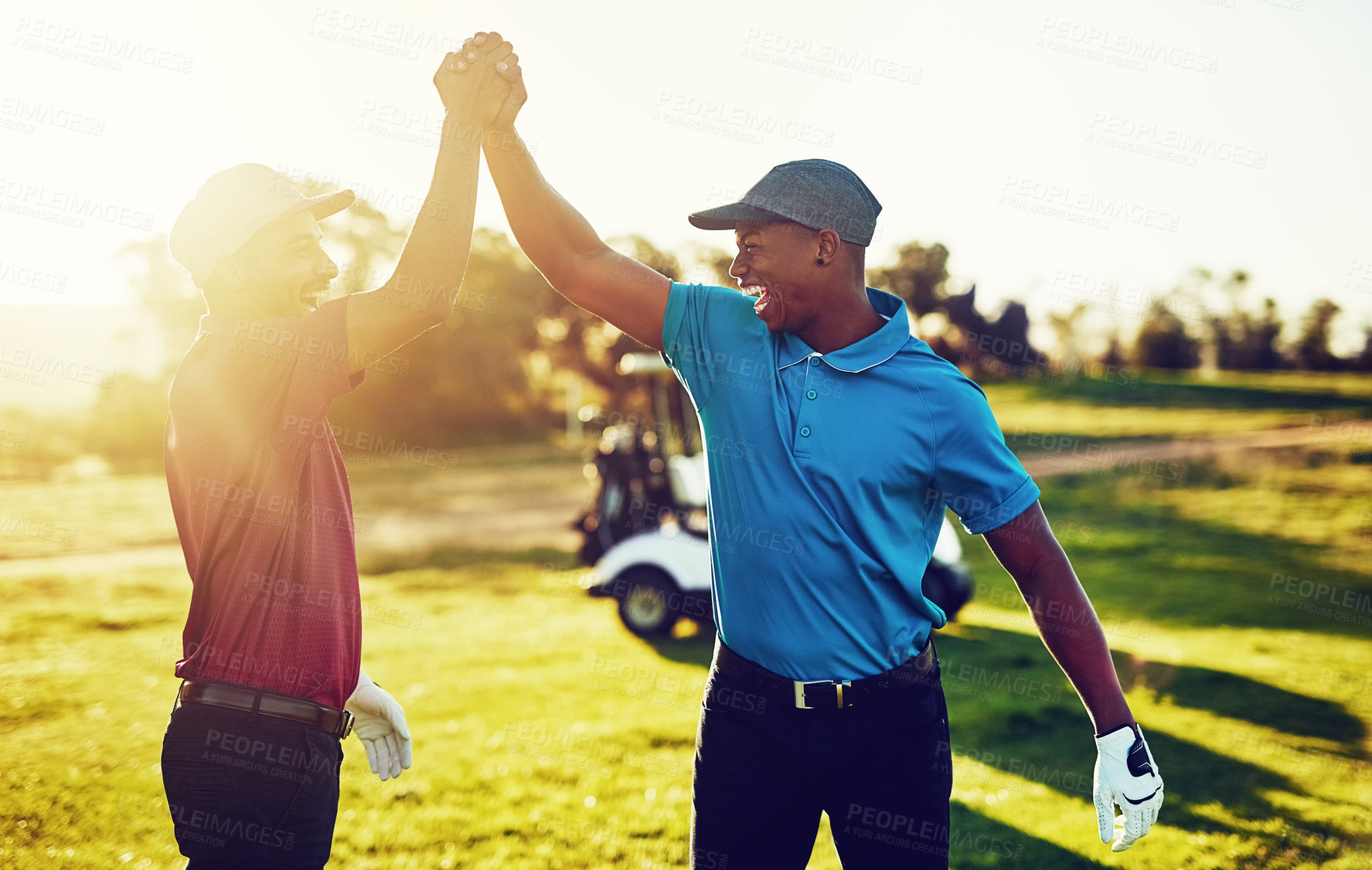 Buy stock photo Golf, high five and support with friends on course for partnership, target success and competition. Sports, motivation and contest with men or golfers outdoor for sunshine, goal and game training