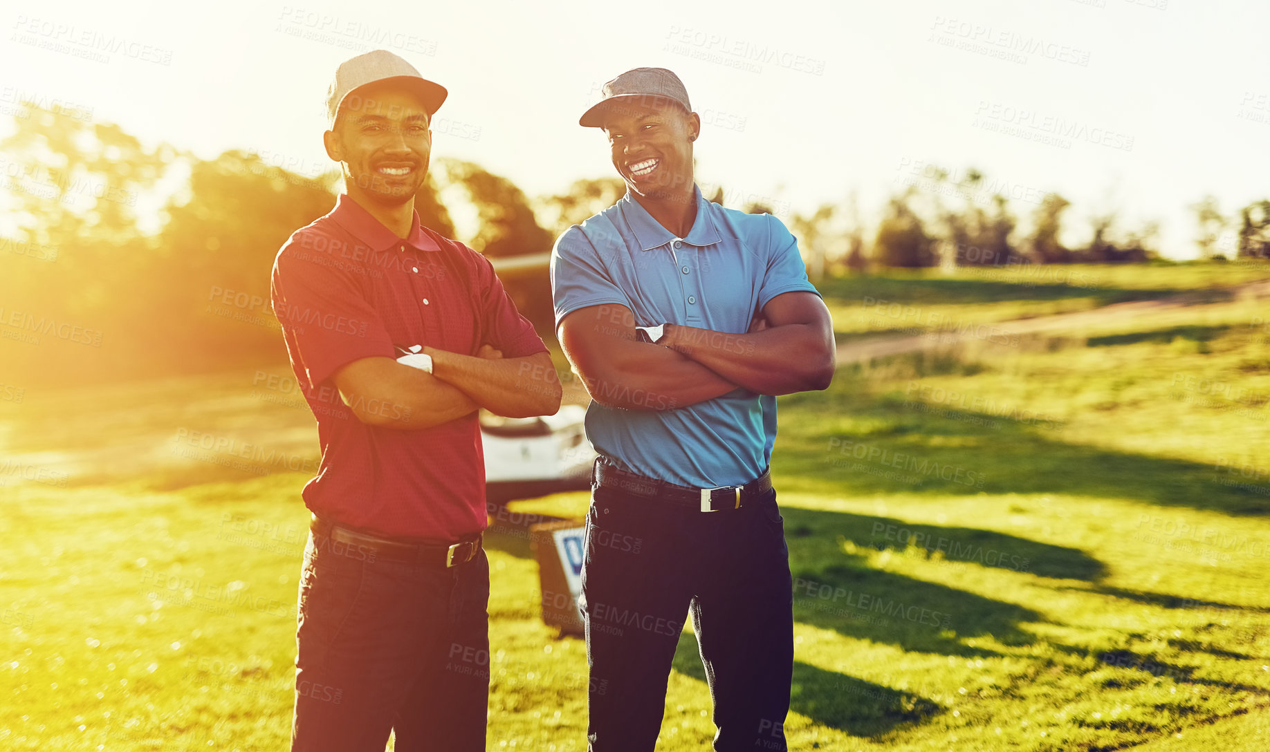 Buy stock photo Shot of two friends standing together on a golf course