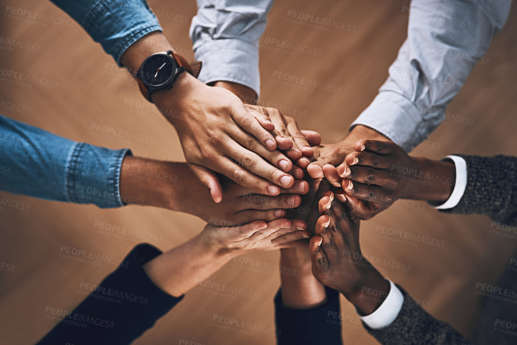 Buy stock photo Winners, high five or hands of business people winning with support for faith, motivation or planning in office. Goals, teamwork or above of employees in collaboration with hope or mission together 