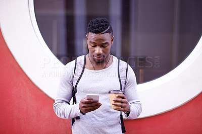 Buy stock photo Student, black man and online in city with smartphone for information on university schedule or classes. Male pupil, cellphone and internet for research on navigation website for directions in town.