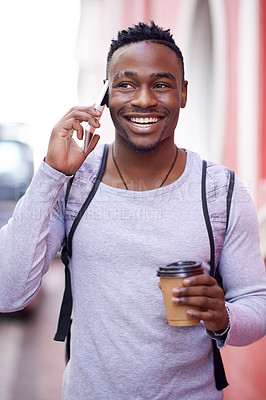 Buy stock photo Happy, black man and phone call with coffee for student talking about class on morning commute to university. African male student and smile with smartphone for travel, communication and contact