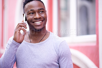 Buy stock photo Happy, black man and phone call with student talking about class on morning journey to university. African male student and smile with mobile for travel, communication and conversation for college