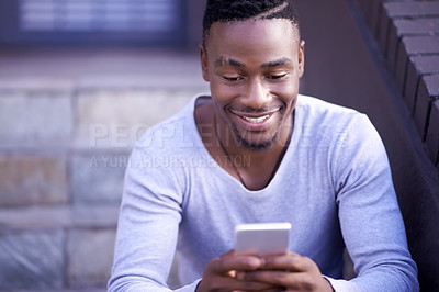 Buy stock photo Phone, typing and happy black man online, reading email or notification for social media blog at stairs outdoor. Smile, mobile and scroll on website, network or news on digital app for connection