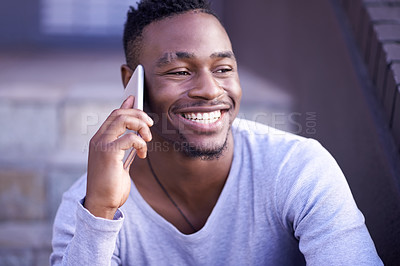Buy stock photo Black man, phone call and smile in city for talking, networking and communication on stairs. Happy male student, mobile and listen to joke for fun, laughing and relax with technology on steps