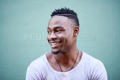Buy stock photo Black man, smile and wall background for city travel in urban town for holiday exploring, outdoor or relax. Male person, thinking and vacation in Atlanta on blue backdrop, mockup space or thoughts