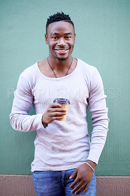 Buy stock photo Outdoor, portrait and black man with coffee, wall and relax in weekend, break and student in university. City, fashion and happy for college in Atlanta, confident and person with pride in street
