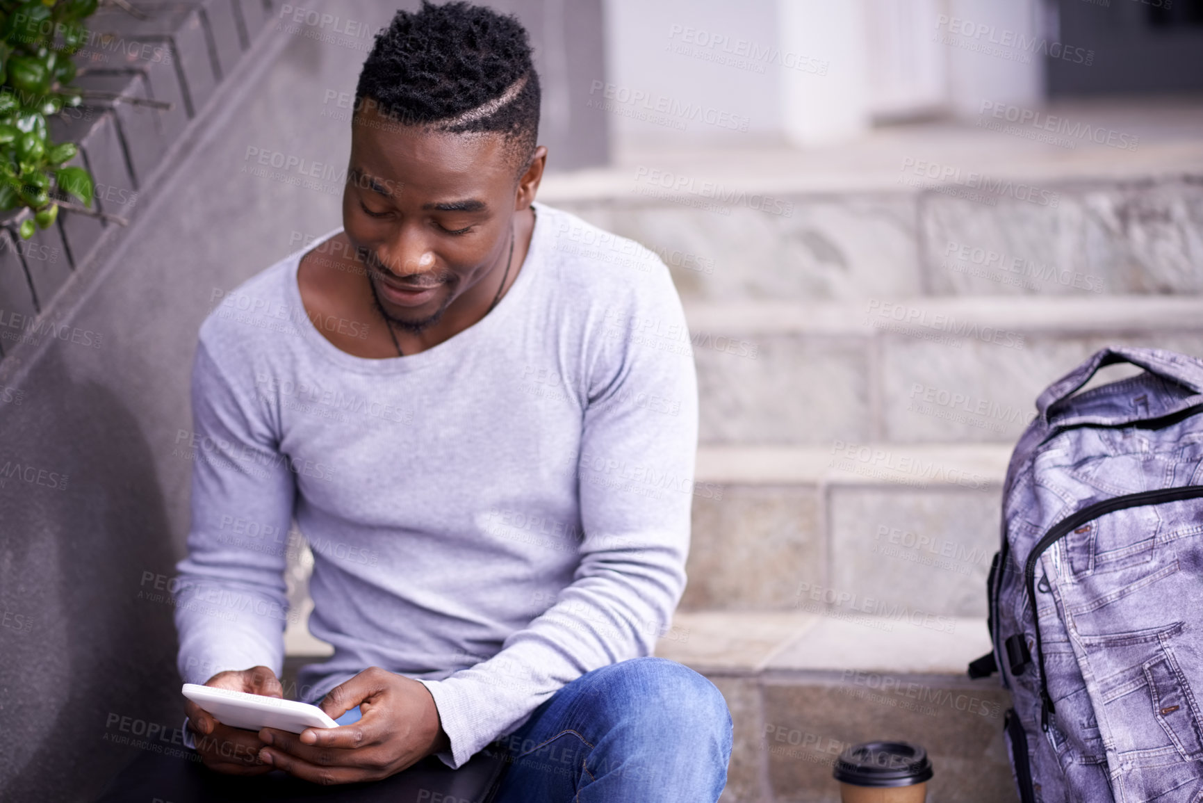 Buy stock photo Relax, college and tablet with black man on stairs for learning, education or research. School, social media and technology with male student on steps of university campus for app, digital or study