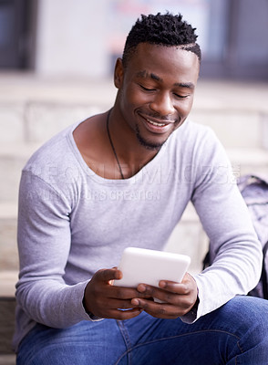 Buy stock photo Happy, college and tablet with student on stairs for learning, education or research. Smile, social media and technology with male black man on steps of university campus for app, digital or study