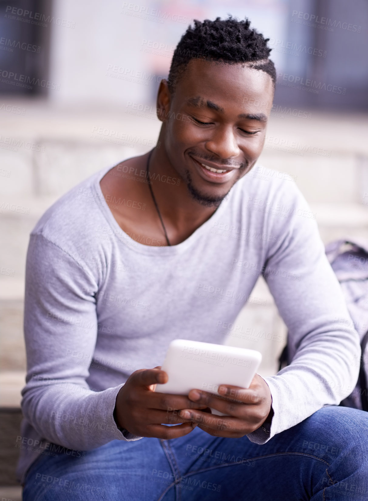 Buy stock photo Happy, college and tablet with student on stairs for learning, education or research. Smile, social media and technology with male black man on steps of university campus for app, digital or study