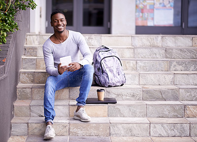 Buy stock photo Relax, college and tablet with portrait of black man for learning, education or research. Smile, social media and technology with male student on stairs of university campus for app, digital or study