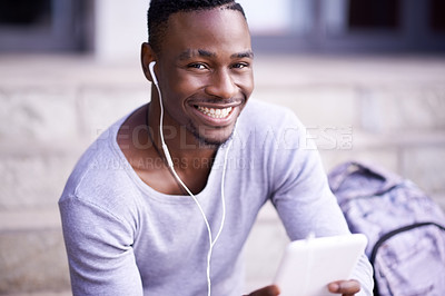 Buy stock photo Student, black man and portrait in city with tablet for information on university schedule or classes. Pupil, digital tech and internet with music on college steps, happy and online academic journal.