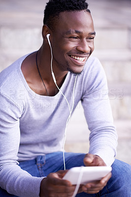 Buy stock photo Black man, city and happy with music on tablet for browsing social media, streaming videos or reading ebook and relax. Person, digital tech and research internet for trending entertainment or audio.