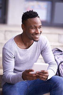 Buy stock photo Smile, college and tablet with black man on stairs for learning, education or research. Network, social media and technology with male student on steps of university campus for app, digital or study