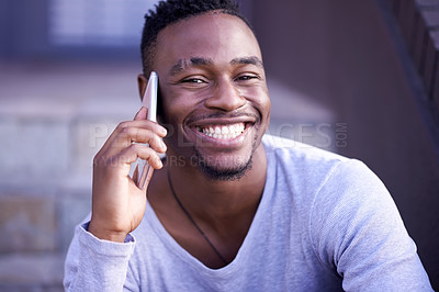 Buy stock photo Black man, phone call and portrait in city for talking, networking and happiness on stairs. Male college student, mobile and listen to joke for communication, laugh and relax with technology