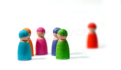 Buy stock photo Wood, figure and symbol on white background for society, diversity and teamwork with social group. Wooden icon, studio and friendship with connection, community or abstract people together with color