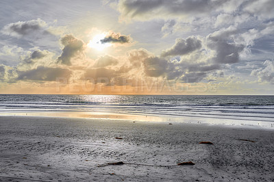 Buy stock photo Sunset, sky and calm beach with sand, clouds and tropical holiday environment for travel getaway in nature. Evening, glow and ocean horizon with natural coastline for island vacation in Thailand.